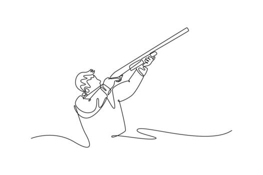 Single one line drawing attractive man, a shooting athlete, is aiming a shotgun upward to target an airborne object with intense focus. Modern continuous line draw design graphic illustration vector
