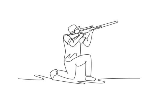 soltero uno línea dibujo joven activo hombre, un disparo atleta, es puntería un rifle desde un arrodillado postura con intenso atención y precisión. moderno continuo línea dibujar diseño gráfico ilustración vector