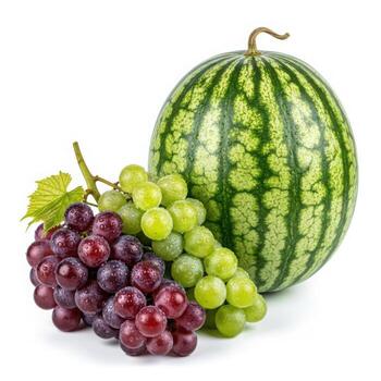 Ripe watermelon and clusters of fresh red and green grapes isolated on white white background photo