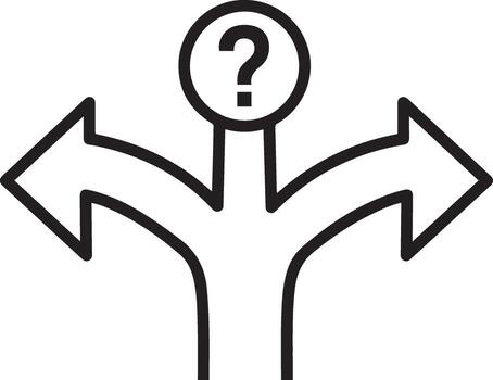 Black outline icon of a question mark at a crossroads with three arrows on white decision vector