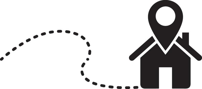 Black icon of a house with a location pin and dotted line path on white home vector