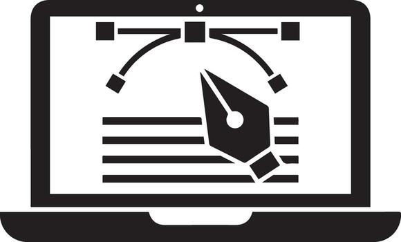 Laptop screen displaying graphic design software with pen tool and curve abstract vector