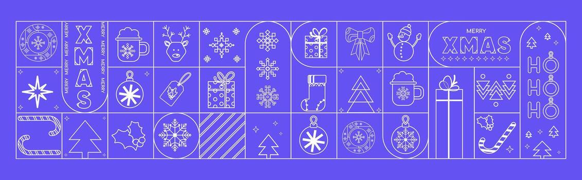 Modern Xmas Line abstract banner board background with Christmas and New Year icons in white on purple background with festive elements for packaging, web design, cards, print, and digital use. vector