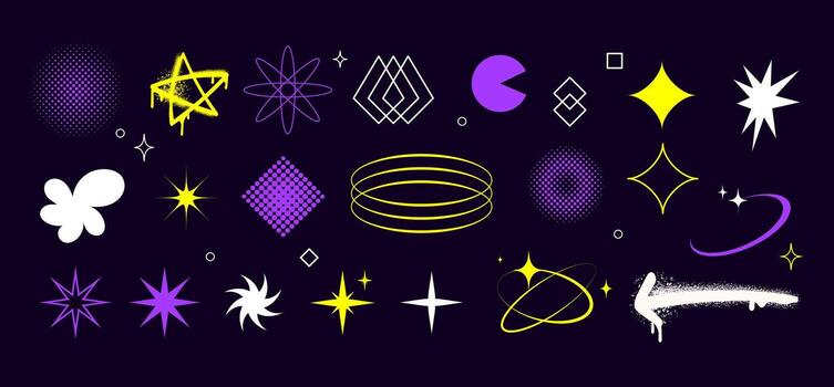 Abstract graphic shapes icon elements set, stars, sparkles, rings, glitch effects, halftone shapes on a dark background. UI UX, digital art, branding, web, motion graphics, futuristic design. Vecto vector