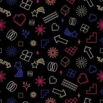 Y2K Retro Futuristic Shape Pattern with Neon Lines and Abstract Shapes and Signs. Perfect for web design, packaging, digital art, fashion, and branding. illustration vector