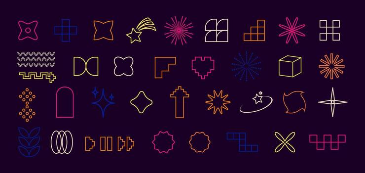 Y2K Aesthetic Line Icons, Signs, and Symbols, Geometric Shapes Set. Retro 2000s Digital Symbols for fashion design, web UI, digital branding, motion graphics, and creative visual projects. vector