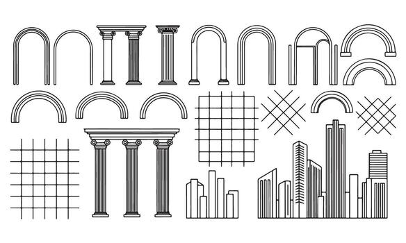 Architectural elements including columns arches and building facades displayed in a set vector