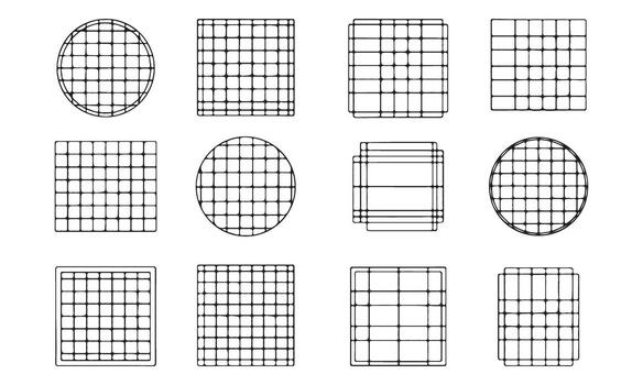 Arrangement of geometric shapes with grid patterns in black and white vector