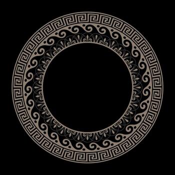 Greek round frame on black background. Greek key, meander pattern. Greek round frame. Greek pattern. Template for laser cutting or engraving. Patterns of Greece and ancient Rome. vector