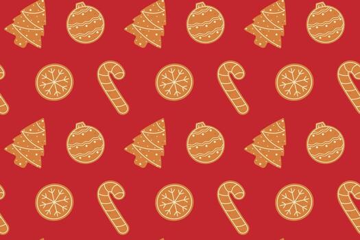 Gingerbread cookie seamless pattern on red background. Christmas print for fabric and wrapping paper. Flat illustration vector
