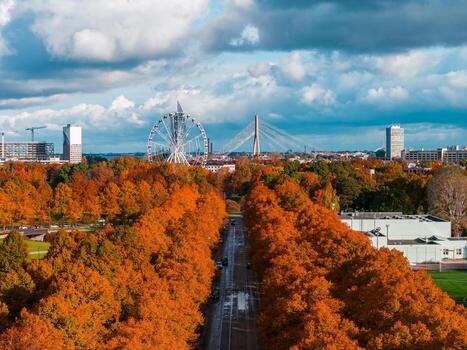 Aerial view shows a tree lined boulevard in Riga, Latvia, wet pavement, a Ferris wheel, and the Vansu Bridge, with modern high rises and cranes under partly cloudy light. photo