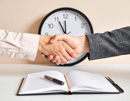 Close-up of two people shaking hands over an open notebook and pen, with a clock in the background. photo