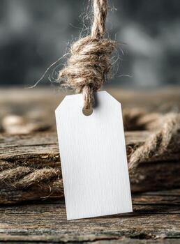 Blank tag hangs from knotted rope, rustic wood backdrop photo