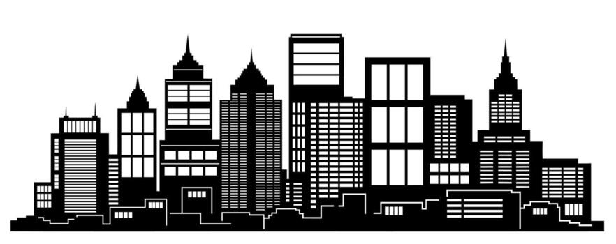 Landscape set buildings silhouetted on white background. A black outline of low-rise and high-rise complexes and skyscrapers. Structural constructions placed urban objects vector