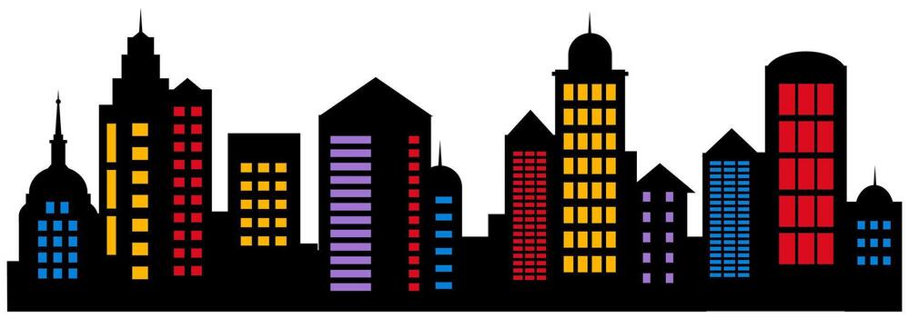 landscape of buildings silhouetted on white background. A black outlines of low rise and high-rise complexes and skyscrapers. Structural constructions placed urban objects vector