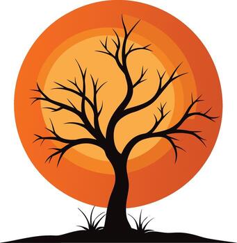 silueta de un desnudo árbol en contra un degradado naranja circulo vector