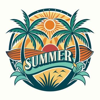 Retro Summer Scene with Palm Trees and Sunburst emblem vector