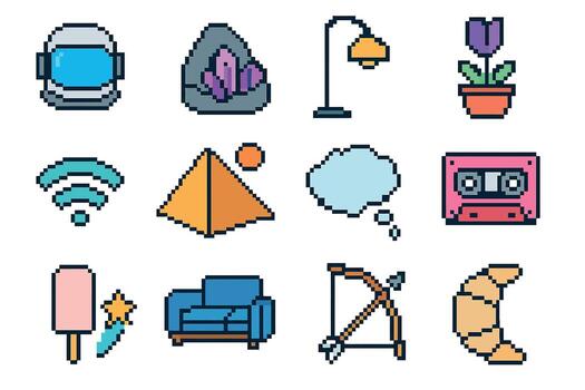 Pixel Art Icons Collection with Plants, Technology, and Objects Artwork vector