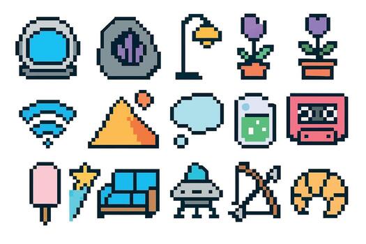 Pixel Art Icons Collection with Plants, Technology, and Objects vector