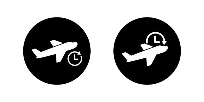Airplane delay icon in black circle. Flight schedule with clock symbol vector
