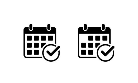 Confirmed calendar icon. Event confirmation and date check mark symbol vector