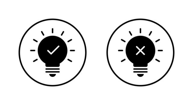 Light bulb decision icon in circular outline. Idea approval and rejection symbol vector