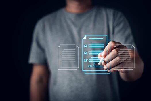 A person interacts with a digital interface, signing a glowing holographic document with checkboxes.The futuristic concept symbolizes e-signatures, online contracts, and digital paperwork. photo