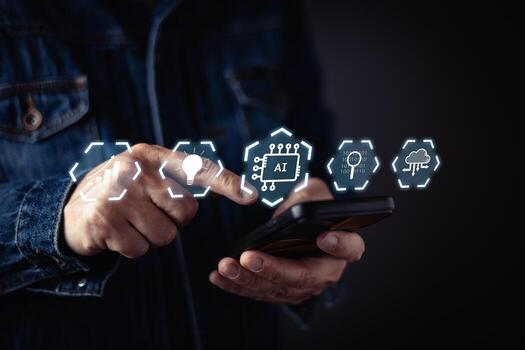 un persona en un mezclilla chaqueta usos un teléfono inteligente con flotante digital íconos para ai, datos analítica, innovación, nube informática, y tecnología, simbolizando avanzado soluciones y moderno conectividad. foto