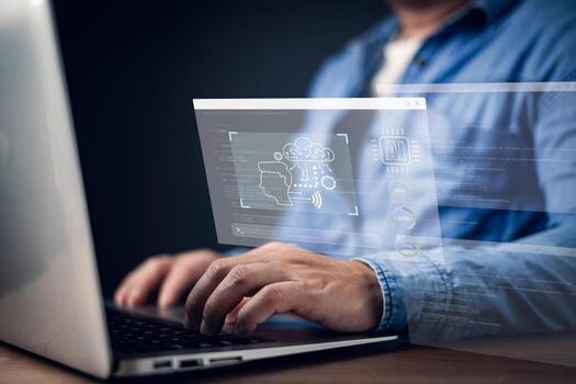 A person working on a laptop engages with an advanced AI interface displaying neural networks, data analytics, and cloud computing icons, illustrating modern artificial intelligence development. photo