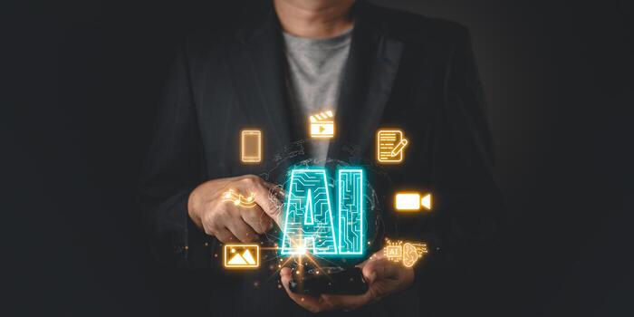 businessman interact with a futuristic AI powered digital interface, symbol AI driven content marketing, media creation, and technology innovation with glowing icons representing various digital tool. photo