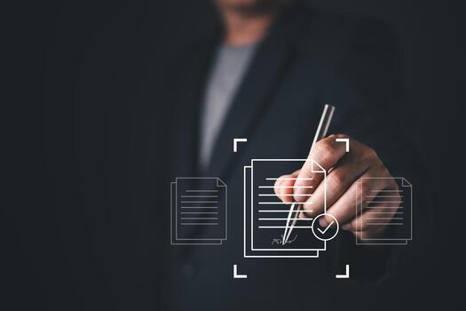 person in formal attire interacts with a digital interface displaying icons of signed documents and electronic approval symbols, representing digital document management and electronic authorization. photo