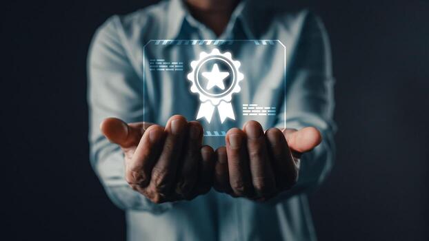 A person holds a glowing holographic certificate with a star and ribbon, symbolizing achievement, recognition, quality assurance, excellence, certification, and digital awards in a futuristic setting. photo