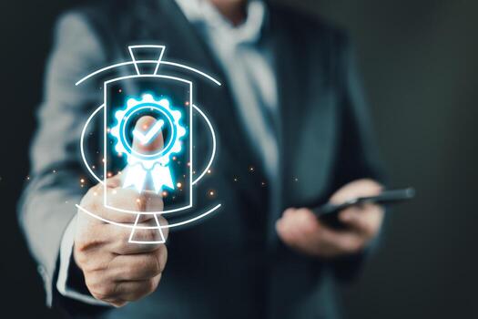 A businessman presents a glowing digital certificate icon with a checkmark and ribbon, symbolizing quality assurance, certification, and trustworthiness in a dark, futuristic environment. photo