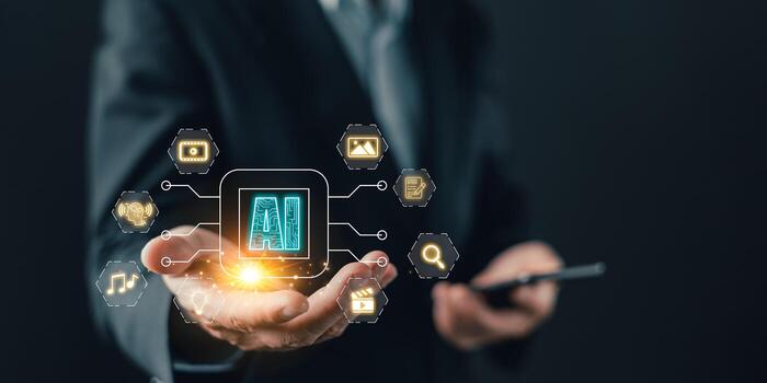 A business professional holds a glowing AI interface by icons for media, search, and documents, symbolizing AI-driven marketing, content creation, and innovative digital automation solutions. photo