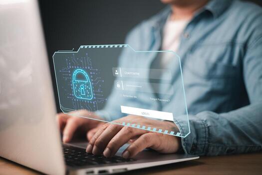 businessman safeguards personal data on a laptop, featuring a virtual screen with a lock icon, symbolizing cybersecurity, privacy protection, and secure internet network technology in the digital age. photo