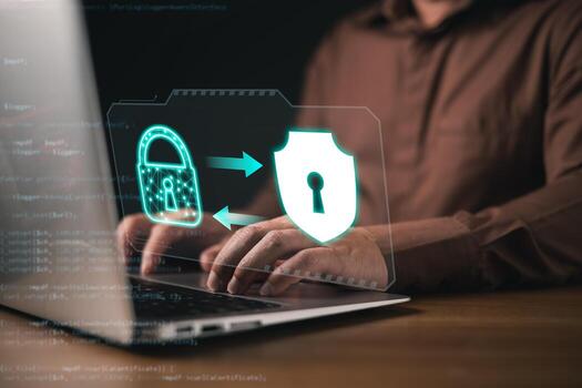 A secure connection safeguards data as a user interacts with a tablet, emphasizing protection against cyber threats and enhancing overall security. photo