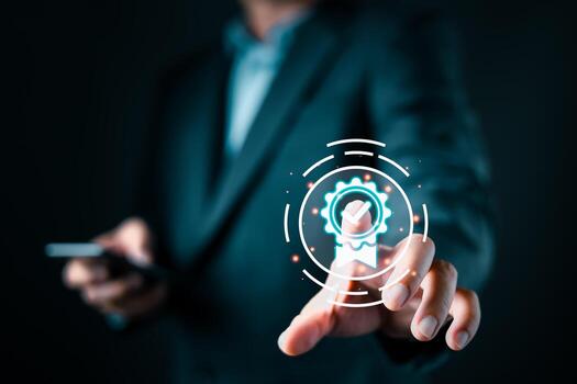 A businessman in a suit interacts with a glowing digital icon of a certificate featuring a checkmark, symbolizing quality assurance, certification, and trust in a modern digital environment. photo