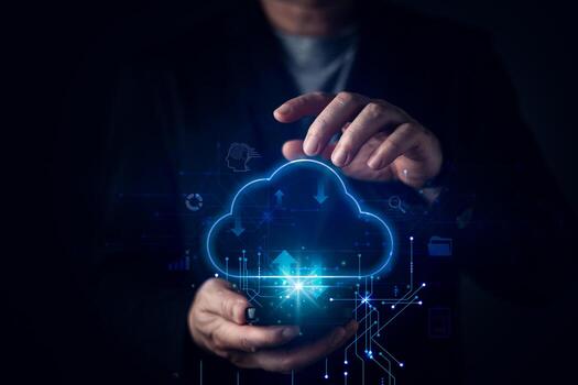 A businessman with a futuristic digital cloud interface, symbolizing cloud computing, data storage, online technology. The glowing elements represent system management, downloads, and innovation. photo