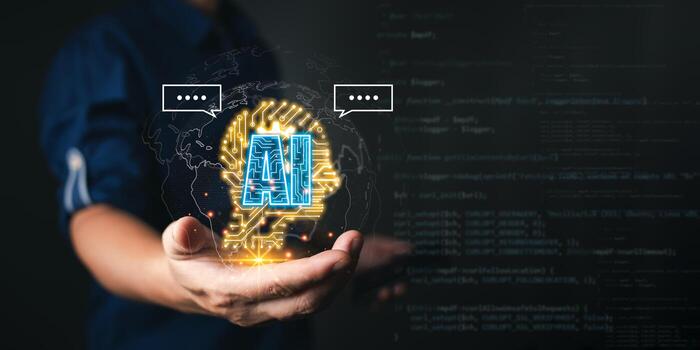 person presents a glowing AI brain hologram with circuit lines and speech bubbles in front of a global map, highlighting artificial intelligence technology, communication, and innovation integration. photo
