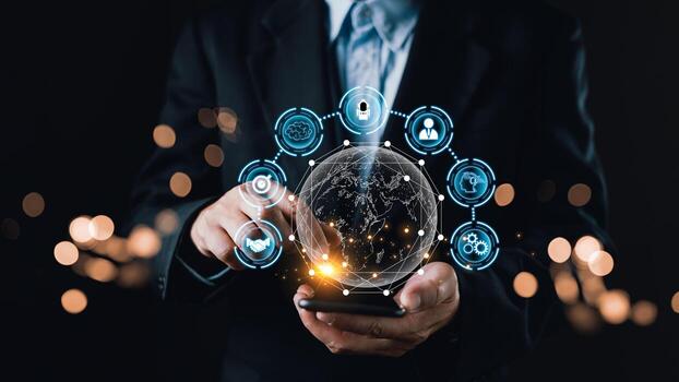 A business professional interacts with a glowing digital globe and AI powered network icons, symbolizing digital market planning, strategic AI integration, and effective management solutions. photo