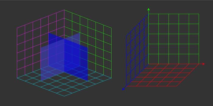 Three dimensional cartesian grid layout. 3d coordinate system with X Y Z axes and perspective lines. Abstract geometry illustration. Mathematical background isolated for education design vector