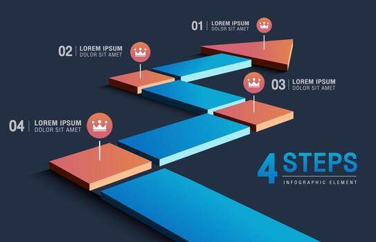 Infographic template design. Four-step Timeline with arrow route blue and orange blocks. vector