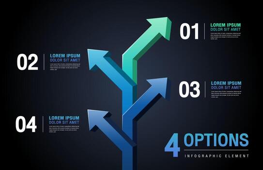 Infographic with four 3D arrows branching upward. Concept of four options, is, or paths. vector