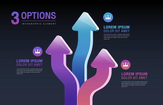 Infographic element of 3 colorful 3D arrows branching upward. Concept of choices or options. vector