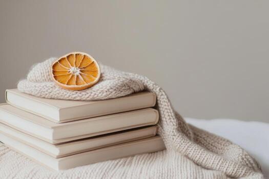 A neatly arranged stack of books, topped with a slice of orange photo