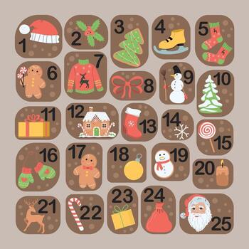 December advent calendar with hand drawn elements. vector