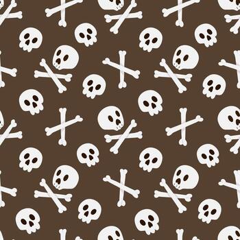 Pirate seamless pattern. Jolly Roger on a dark background. Spooky Halloween cartoon design with skull and crossbones. Hand drawn fabric design, paper, print vector