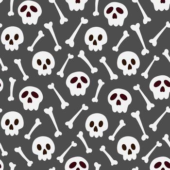Pirate seamless pattern. Jolly Roger on a dark background. Spooky Halloween cartoon design with skull and bones. Hand drawn fabric design, package paper, print vector