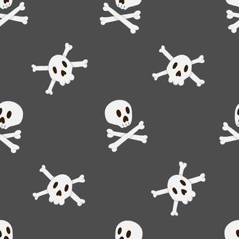 Pirate seamless pattern. Jolly Roger on a black background. Spooky Halloween cartoon design with skull and crossbones. Hand drawn fabric design, package paper, print vector