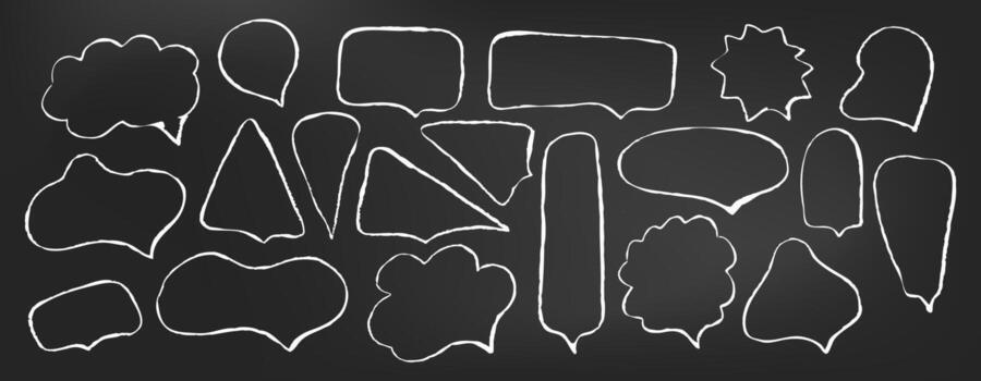 Chalk text box and crayon speech balloon frame. Hand drawn doodle cloud on chalkboard. Pencil chat bubble with rough texture. Grunge comic message for school dialogue design. Sketch brush think icon. vector